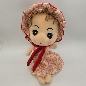 12" soft Plush Doll floral dress & Bonnet embroidered eyes Anime style face
